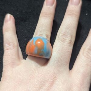 Blue and Orange Bubble Chunky Resin Dome Statement Ring - size 7.5
